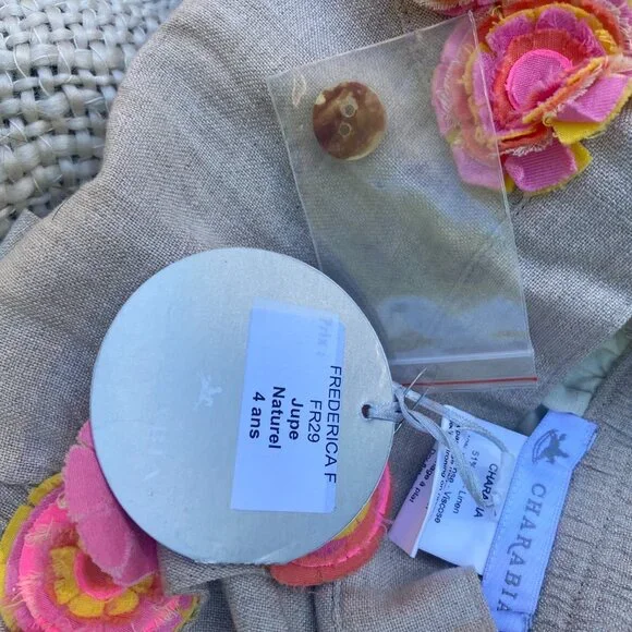 NWT Charabia France Girls 4 Linen Blend Knee Length Pocket Skirt Floral Accents - Picture 8 of 8